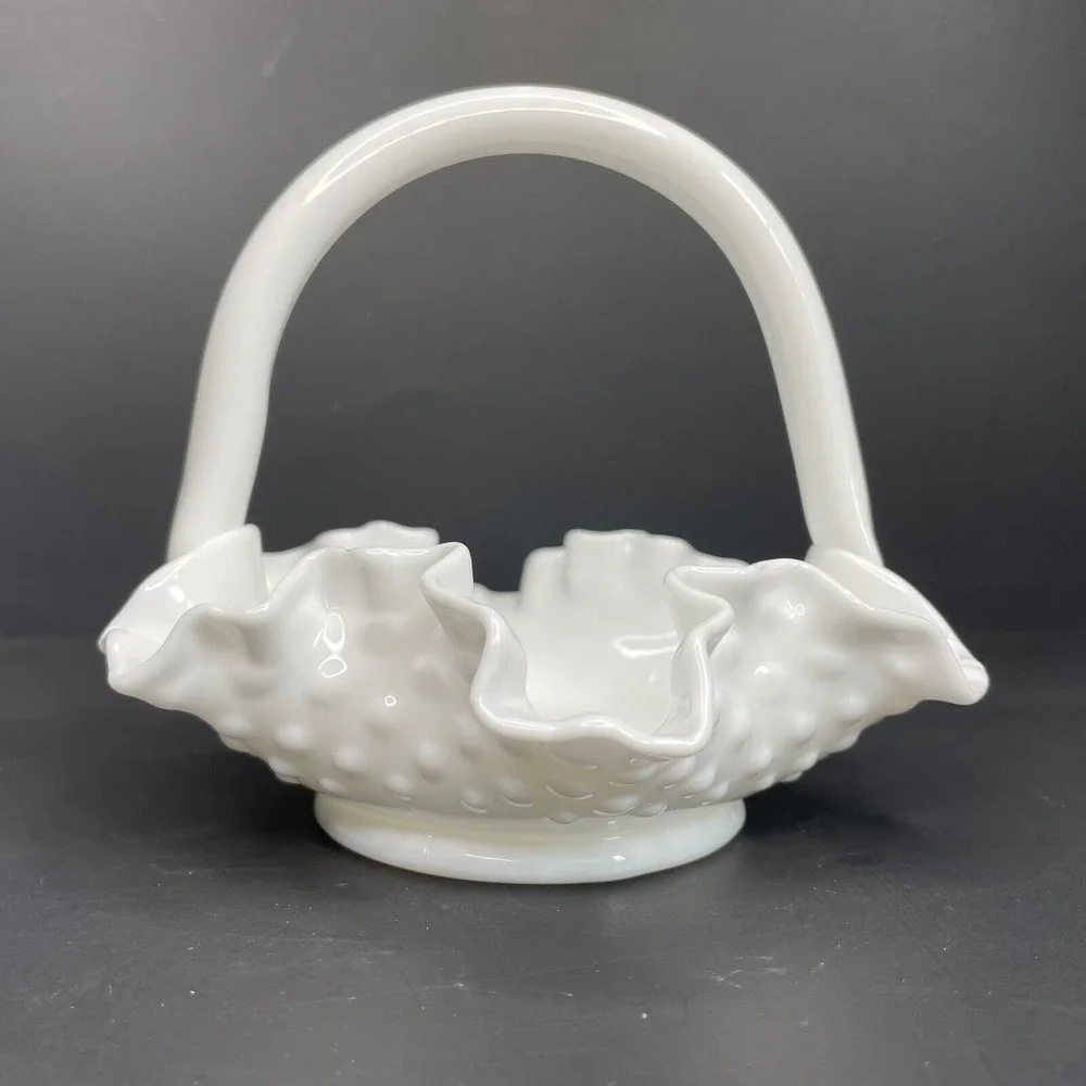 Vintage Fenton‎ Ruffle Hobnail White Milk Glass Basket With Applied Handle